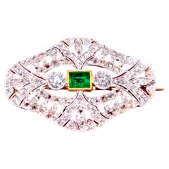 Antique Edwardian Platinum and Gold Emerald Diamond Brooch, Circa 1910