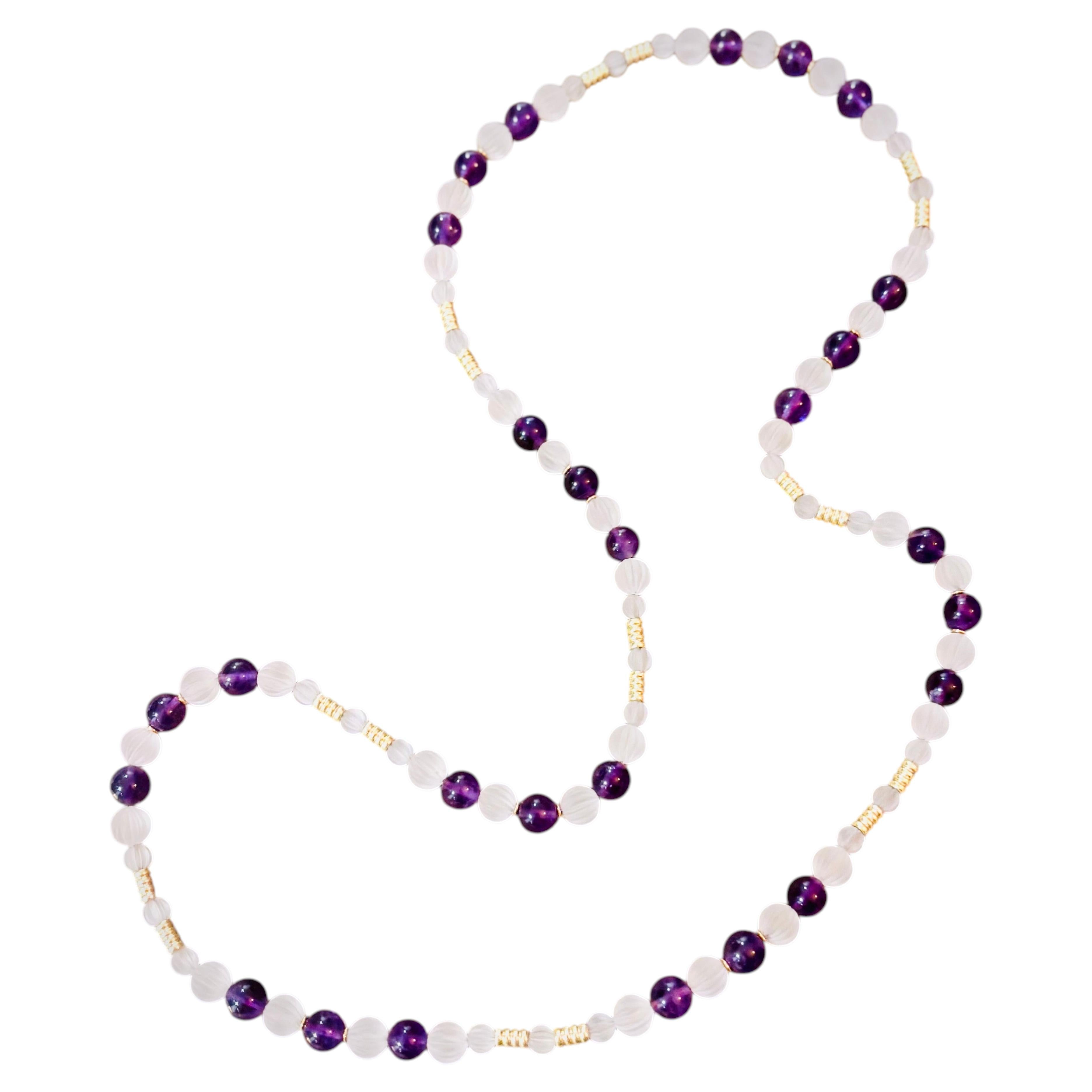 Long collier vintage en améthyste et cristal de roche taillé à la main, vers les années 1970