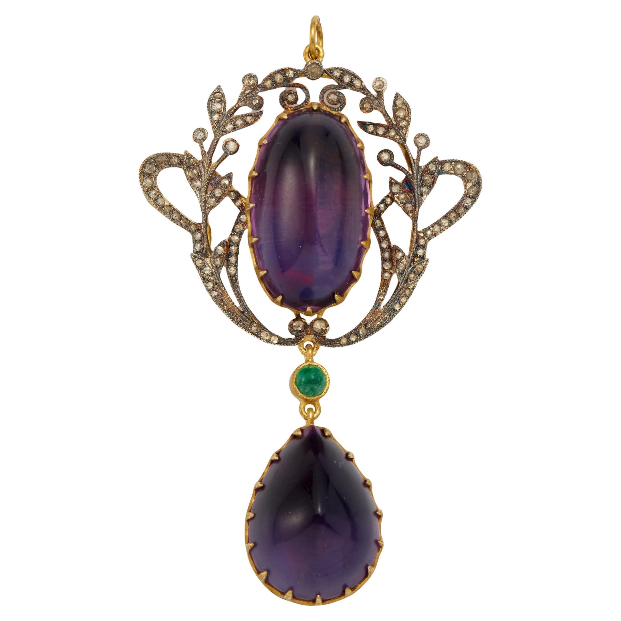EDWARDIAN CABOCHON AMETHYST Diamonds and Emerald Silver Gilt Pendant