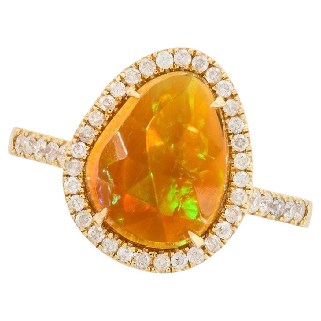 Contemporary 18K Gold Mexican Fire Opal & Diamond Cluster Ring, UK M