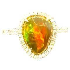 Contemporary 18K Gold Mexican Fire Opal & Diamond Cluster Ring, UK M
