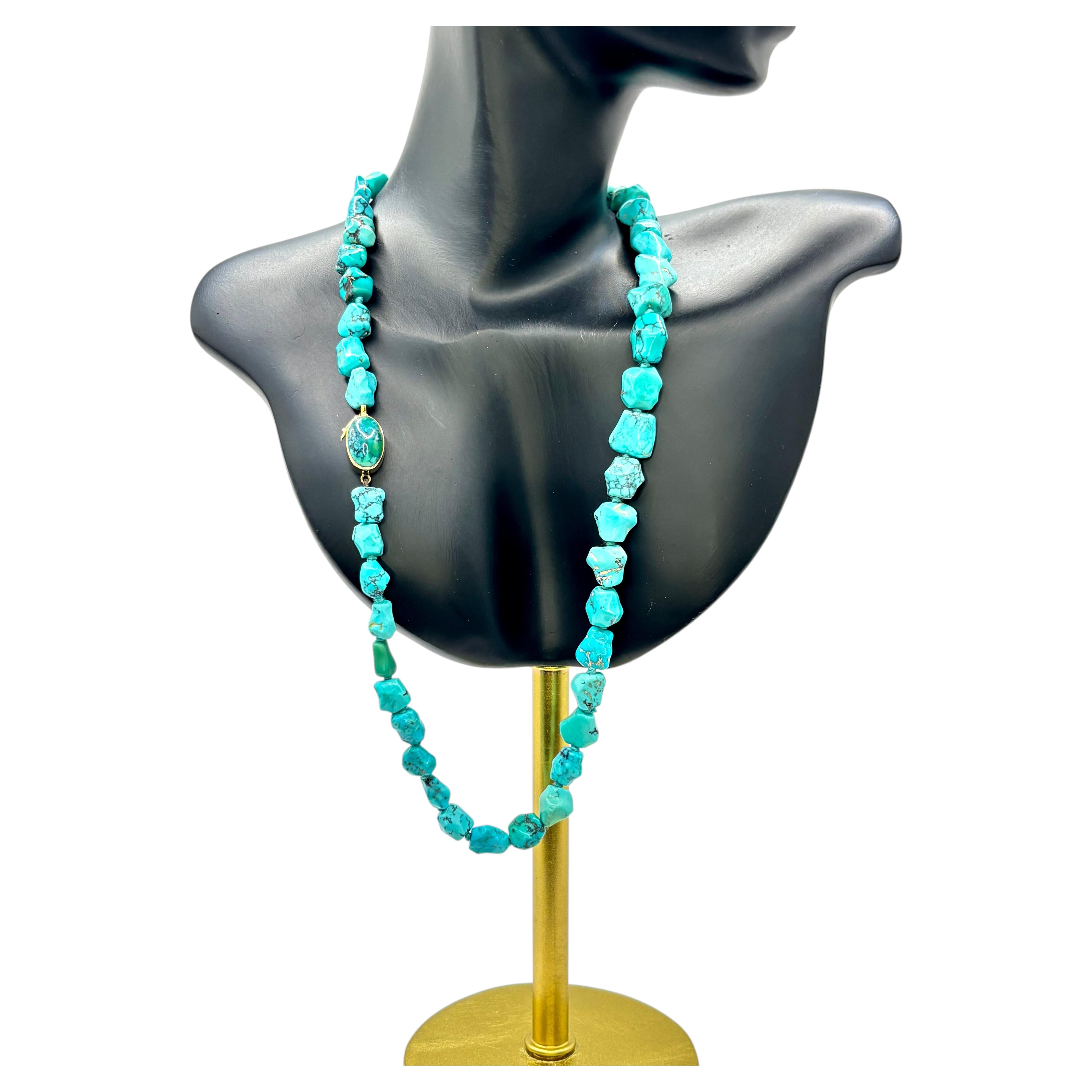 Vintage Turquoise Nugget Bead Necklace with 18K Gold Clasp, Circa 1950s