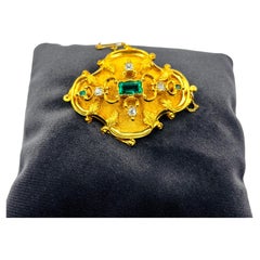 Antique Emerald and Diamond Brooch, 22K Gold, Regency Period Circa 1830, Europe