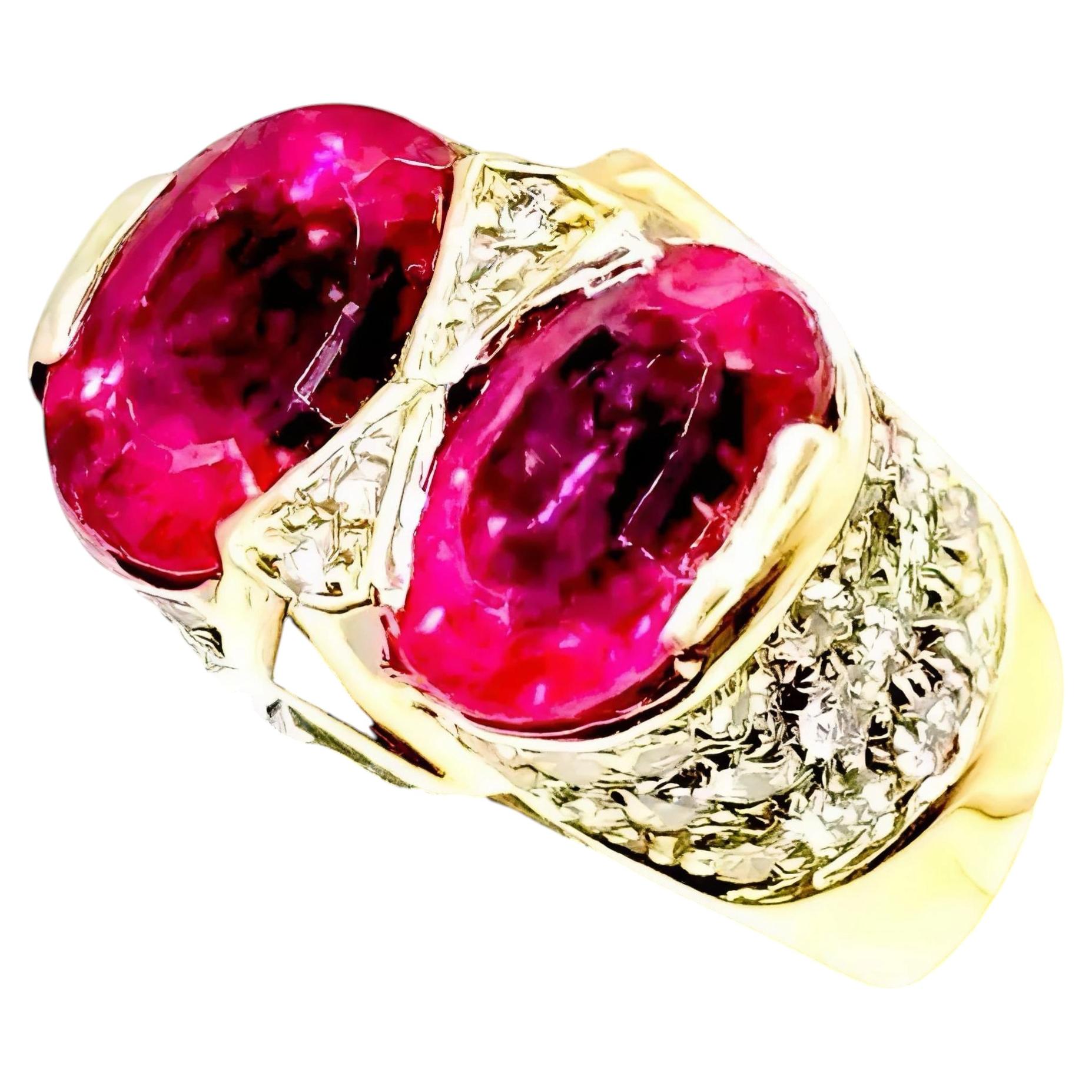 Vintage Pink Tourmaline 8 carats, Diamonds, Sapphires Cocktail Ring, 18ct Gold For Sale