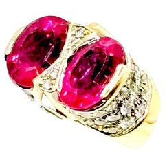 Vintage Pink Tourmaline 8 carats, Diamonds, Sapphires Cocktail Ring, 18ct Gold