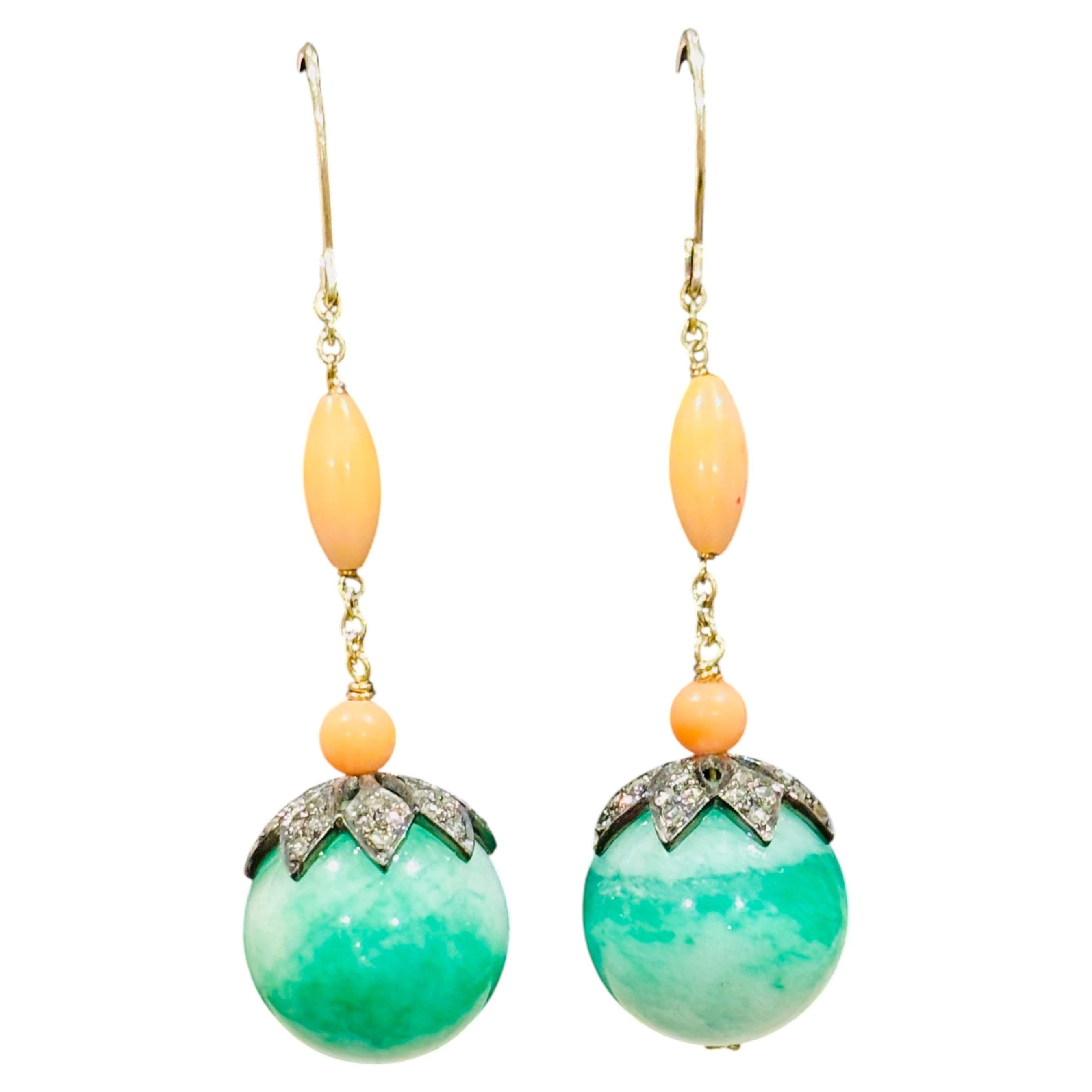 Jade Coral Diamond Drop Earrings, circa 1925 (*UK DELIVERY ONLY) For Sale