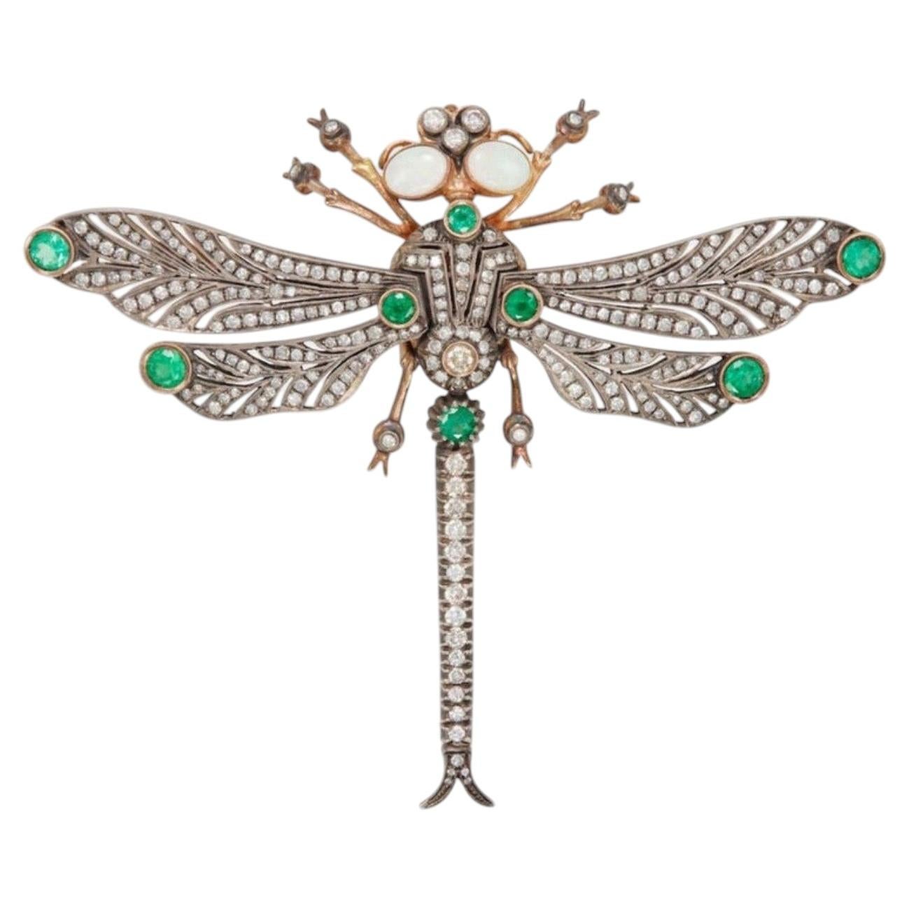 Antique Dragonfly Brooch in Gold with Diamonds Emeralds Opals, 1930’s