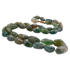 Vintage Moss Agate Long Necklace, Gilt Metal Clasp, Circa 1920s-1940s