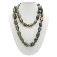 Vintage Moss Agate Long Necklace, Gilt Metal Clasp, Circa 1920s-1940s