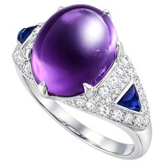 Cabochon Amethyst Sapphire Diamond Ring 18K White Gold