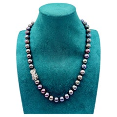 Vintage Peacock Overtone Black Cultured Pearl Necklace 18K Diamond Clasp