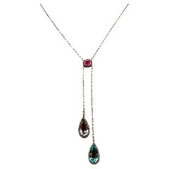 Collana antica francese in stile edoardiano con acquamarina, tormalina rosa, morganite e diamanti