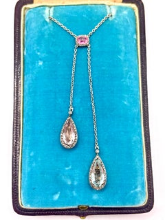 Antique French Edwardian Aquamarine, Pink Tourmaline, Morganite Diamond Necklace