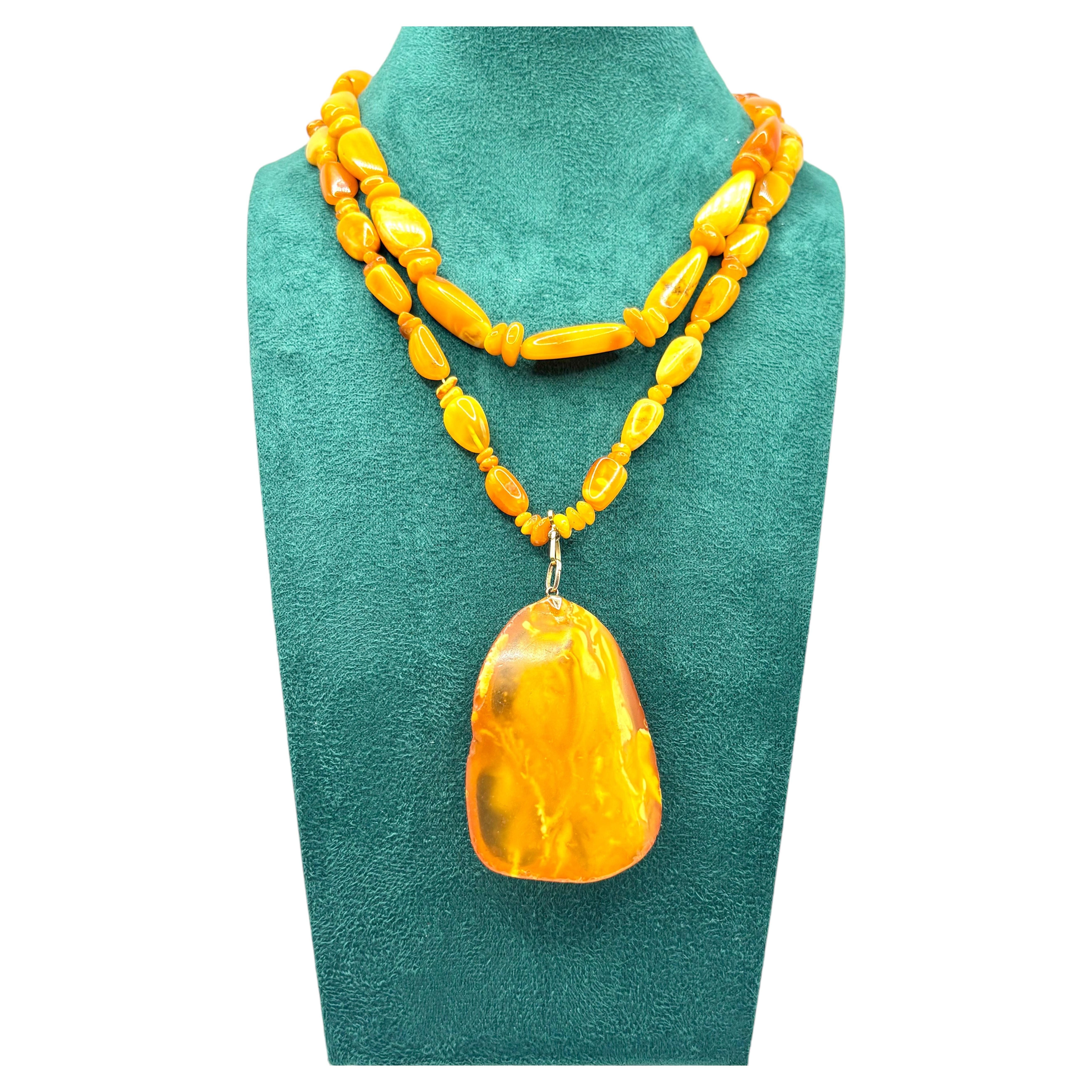 Vintage Long Baltic Amber Statement Necklace Large Freeform Pendant 9K Gold 1970