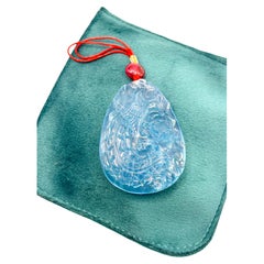 Large Chinese Carved Aquamarine Pendant with Pink Tourmaline and Seed Pearls
