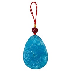 Large Chinese Carved Aquamarine Pendant with Pink Tourmaline and Seed Pearls