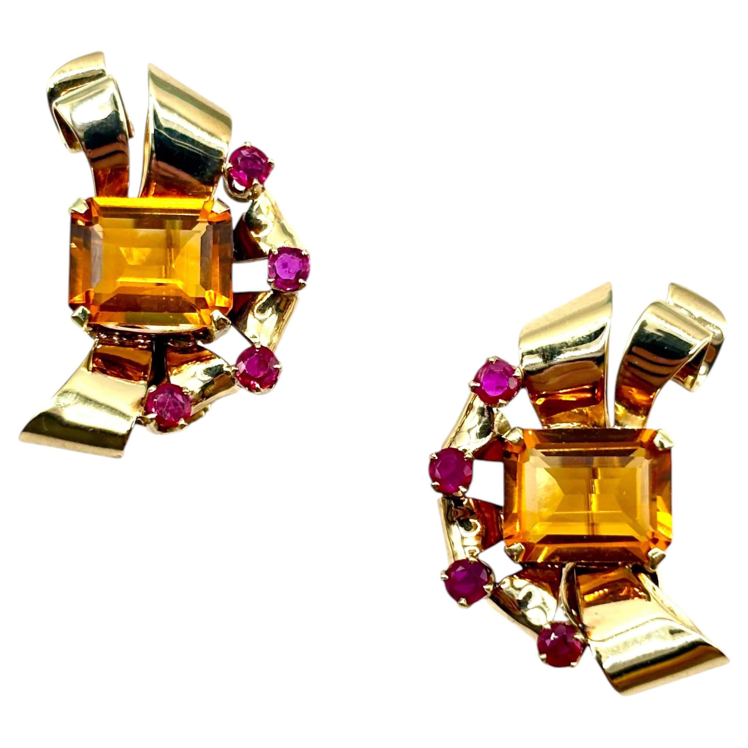 Tiffany & Co. Earrings Vintage Retro 14 Karat Gold Citrine and Ruby , Circa 1940