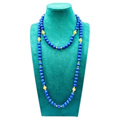 Collana vintage degli anni ’80 con perline di lapislazzuli, distanziatori scanalati in oro a 9 carati, 100 cm