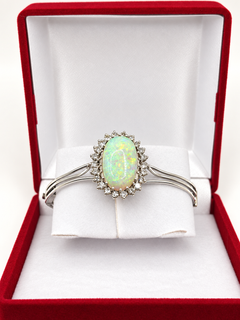 Vintage Opal Bangle 9.63 Carat Opal, 1.8 Carat Diamond 14K White Gold