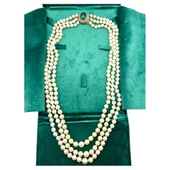 Three-Strand Japanese Akoya Pearl Necklace Late Victorian Diamond & Chrysoprase