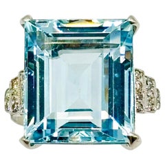 12 Carat Aquamarine and Diamond Platinum Art Deco Style Vintage Cocktail Ring