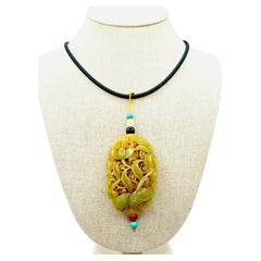 Qing Dynasty Hetian Jade Crane and Lotus Openwork Pendant Necklace