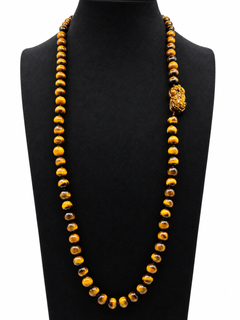 Long Tiger’s Eye Bead Necklace with Carved Chinese Prosperity Motif, 90 cm