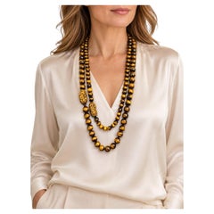 Two Vintage Tiger’s Eye Long Bead Necklaces with Carved Accents, 98cm & 90cm
