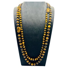 Two Vintage Tiger’s Eye Long Bead Necklaces with Carved Accents, 98cm & 90cm