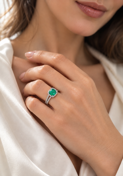 Oval Cushion-Cut Emerald and Diamond Halo Ring in 18K White Gold, 1.50 Carats