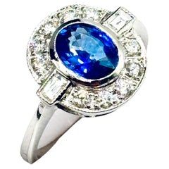 Art Deco Style 1.40 Carat Blue Sapphire and Diamond Cluster Ring in Platinum