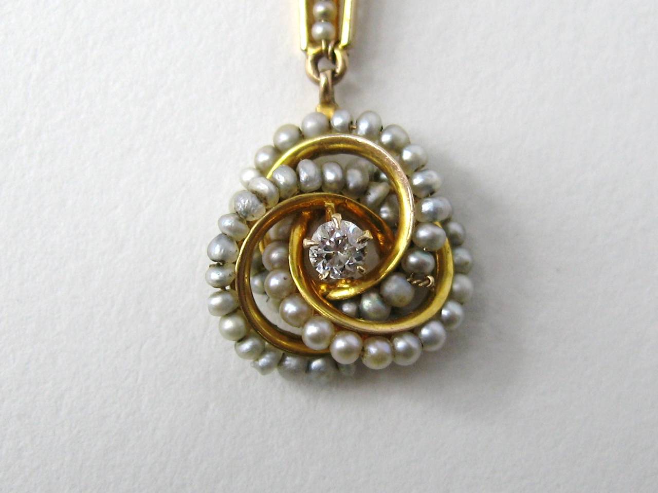 Art Nouveau 1920s Seed Pearl Diamond Gold Lavaliere Necklace