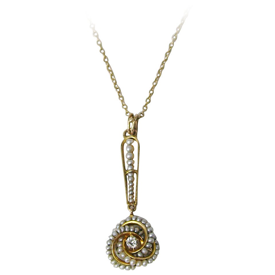 1920s Seed Pearl Diamond Gold Lavaliere Necklace