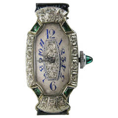 Bruner Lady's White Gold Emerald Diamond Art Deco Wristwatch Circa 1930s
