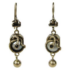 1860s Mabe Pearl Garnet Gold Snake Drop Earrings 4