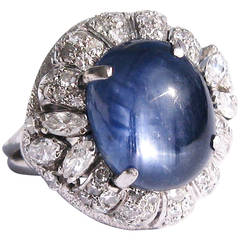 Blue Cabochon Star Sapphire Diamond Platinum Cocktail Ring 3