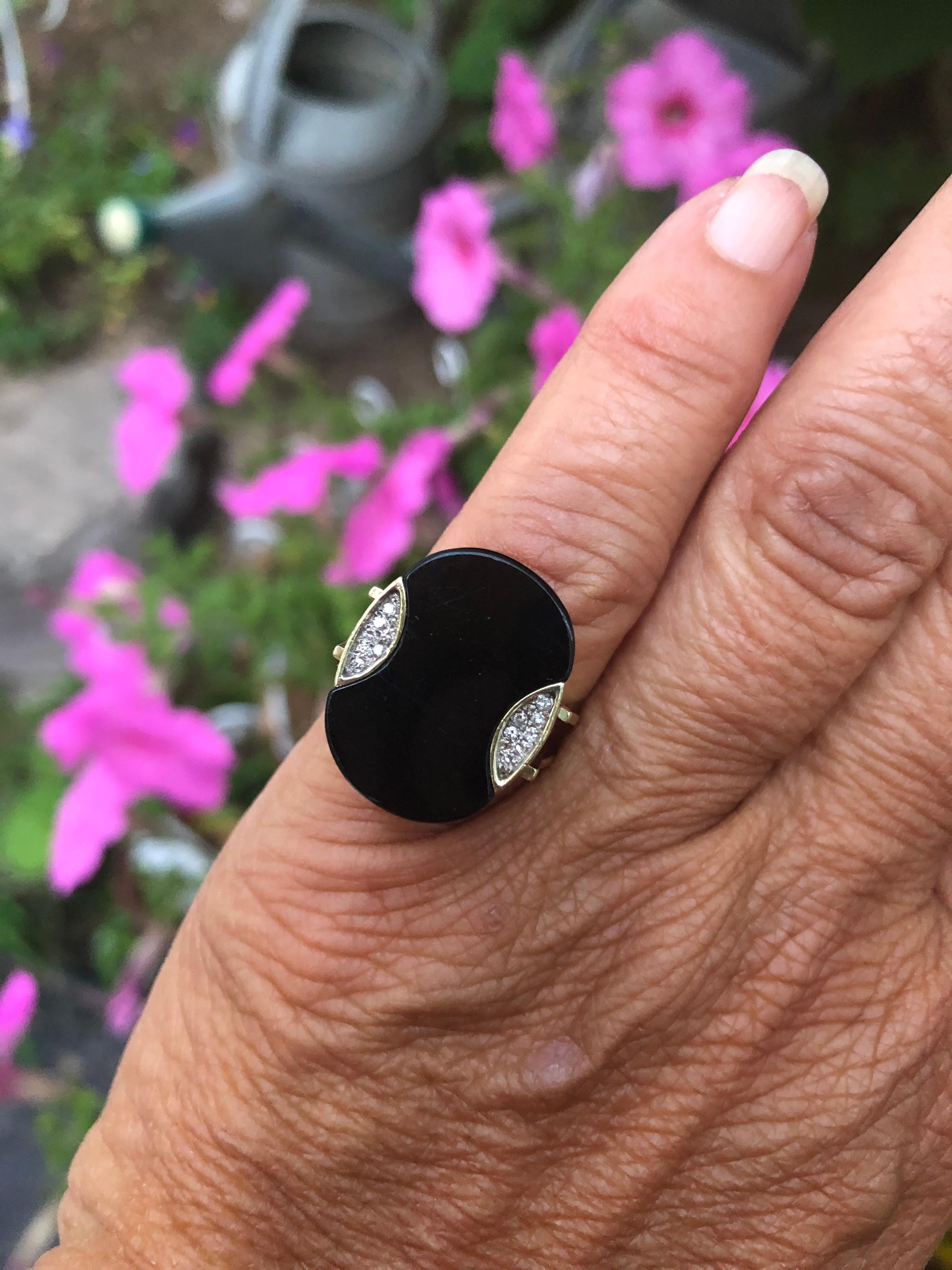 Modernist Black Onyx Diamond Ring 14 Karat For Sale 5