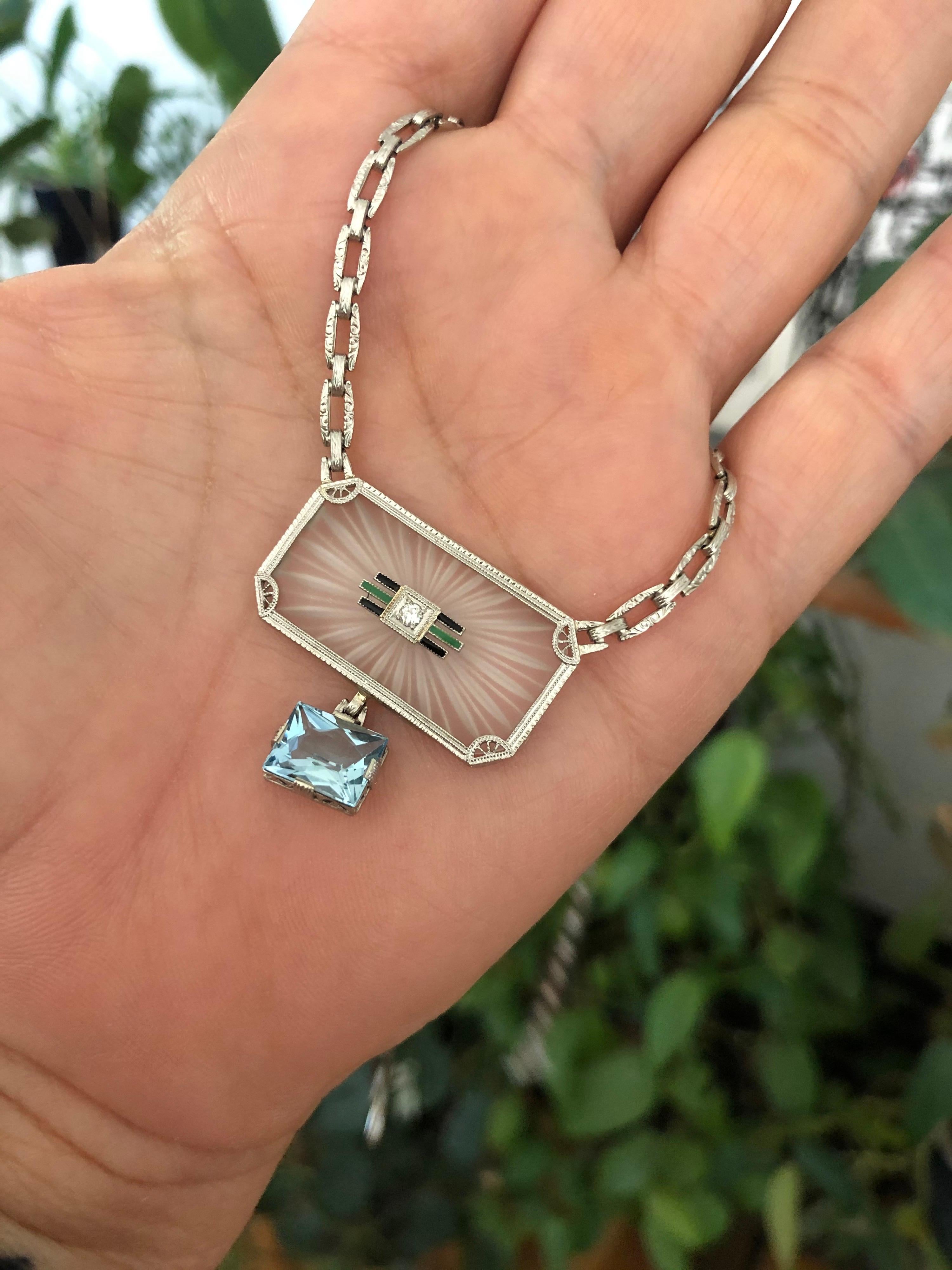 Women's 14 Karat Camphor Glass Pendant Necklace Diamond Enamel Aquamarine Drop Art Deco For Sale
