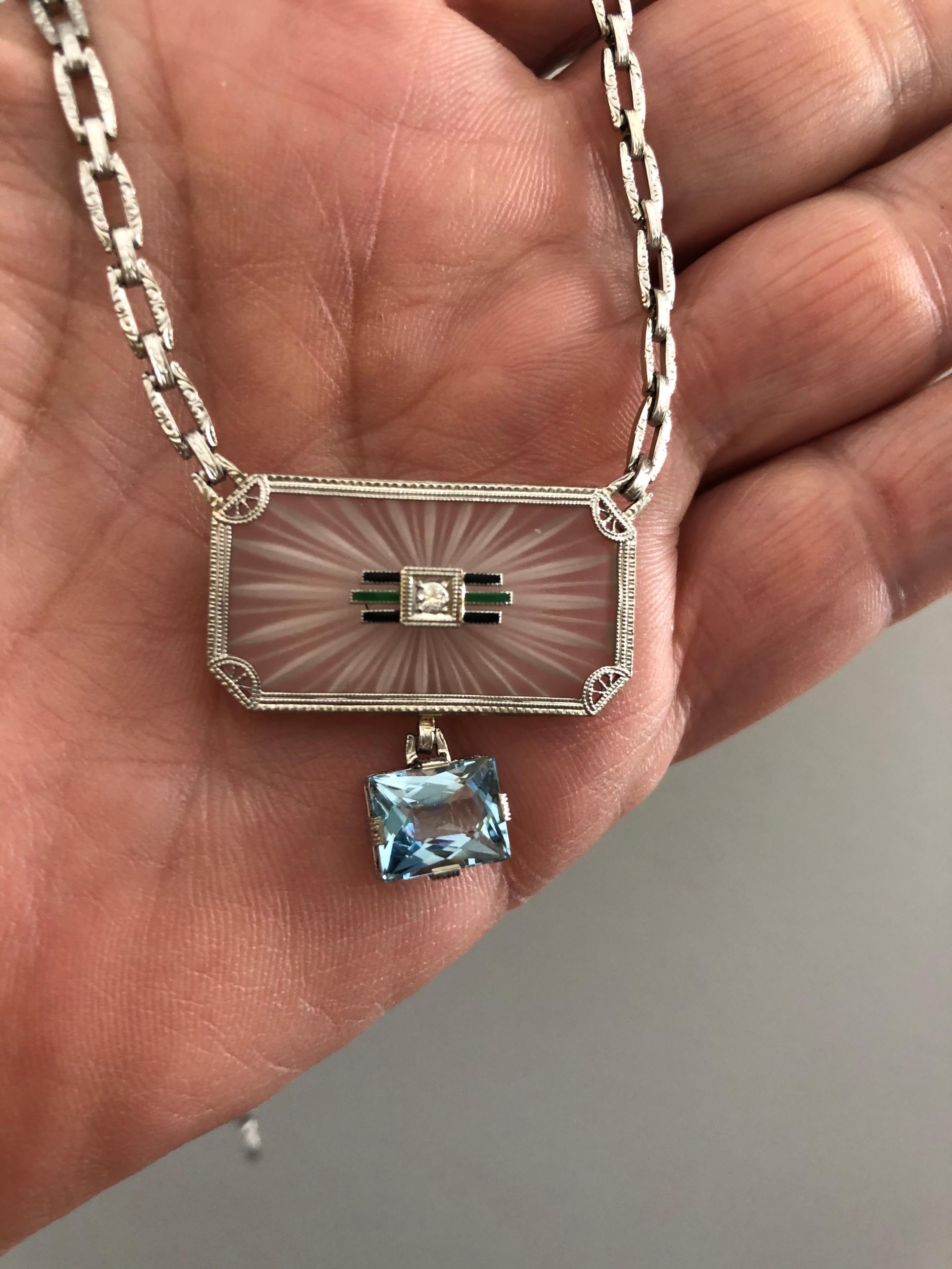 14 Karat Camphor Glass Pendant Necklace Diamond Enamel Aquamarine Drop Art Deco For Sale 1