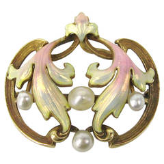 Art Nouveau Pastel Enameled Pearl Gold Brooch Pendant 3