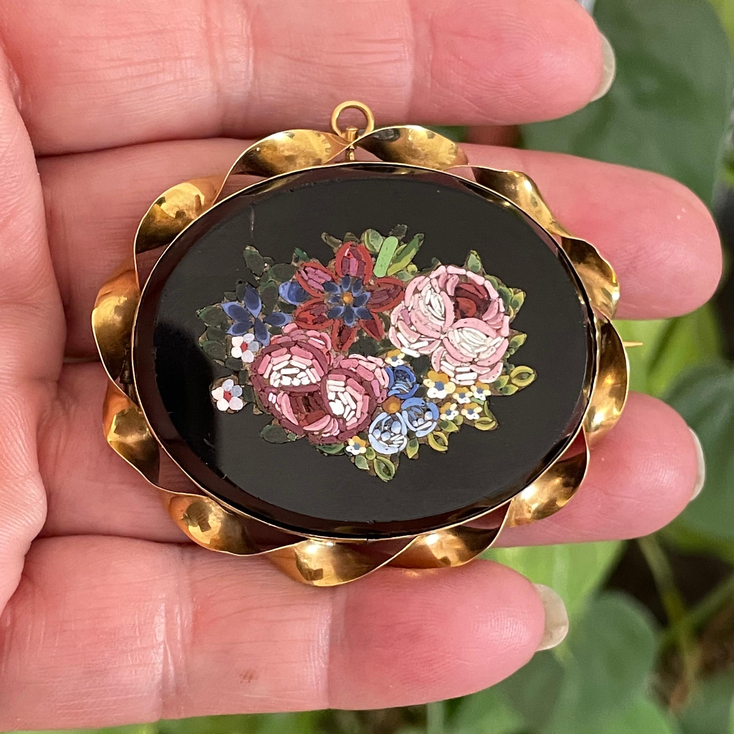 14 Karat Gold Micro Mosaic Floral Gold Pendant Brooch For Sale 1