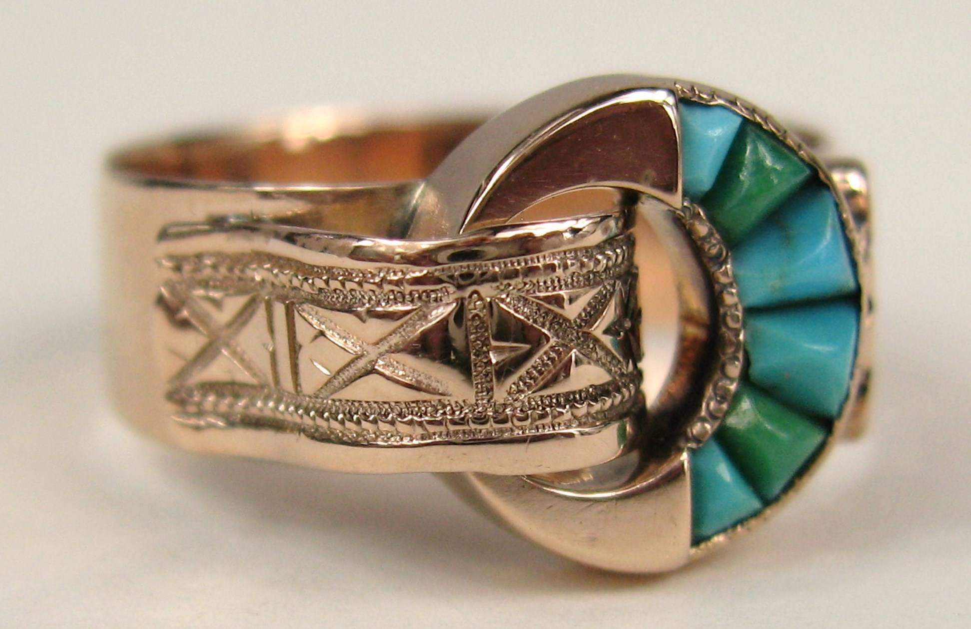 Women's or Men's Early Victorian Turquoise Rose Gold Band Ring