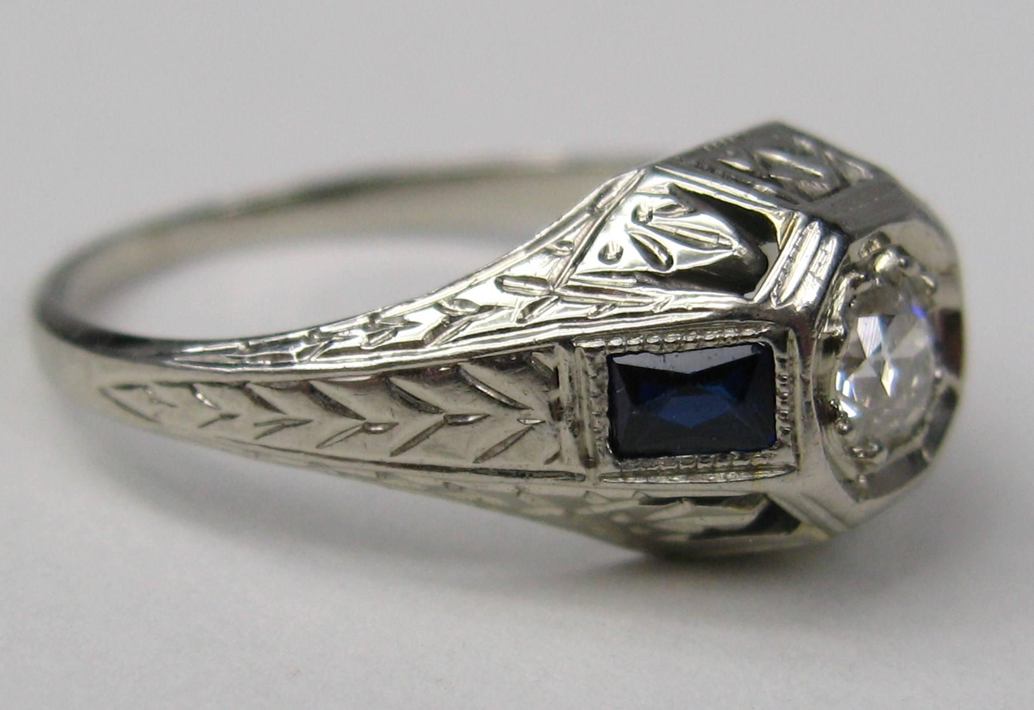 Old European Cut Diamond 14 Karat White Gold Ring 1920s Art Deco For Sale