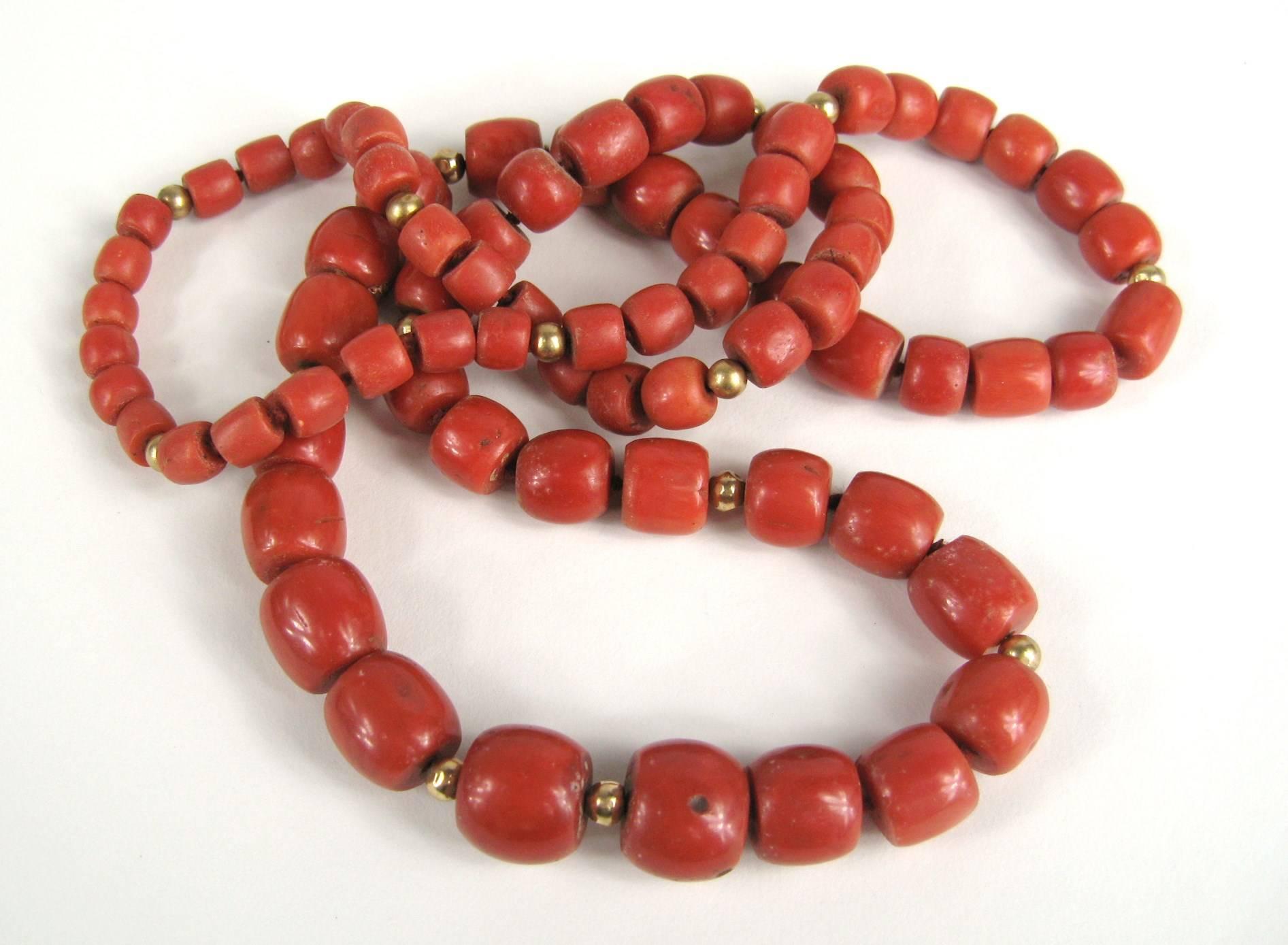 Tumbled Natural Mediterranean GIA Red Coral Gold 14 Karat Beaded Necklace For Sale