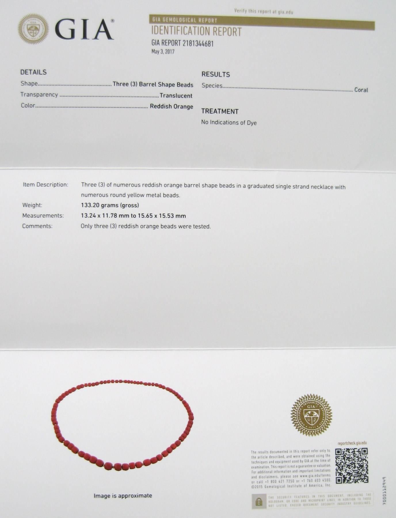 Natural Mediterranean GIA Red Coral Gold 14 Karat Beaded Necklace For Sale 3