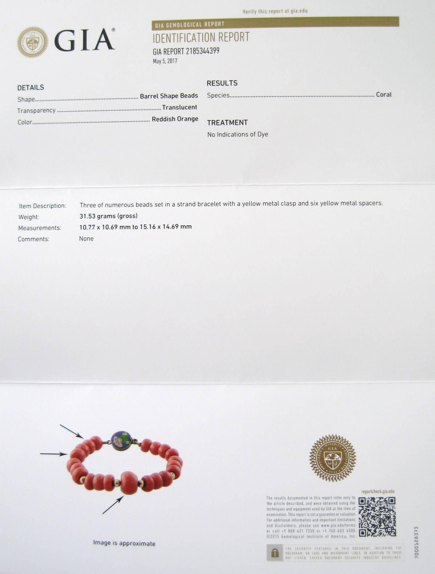 Natural Mediterranean Coral Gold Beaded Bracelet - Enamel Clasp GIA Certified For Sale 1