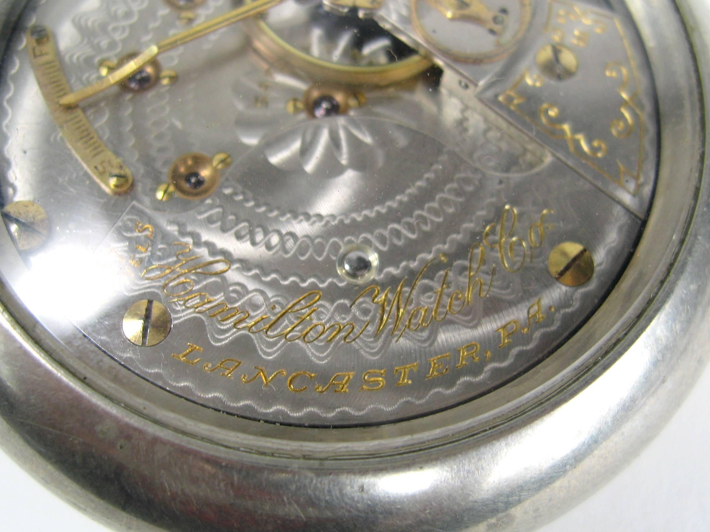 Art Nouveau Antique Open Face Silver Hamilton Pocket Watch with Display For Sale