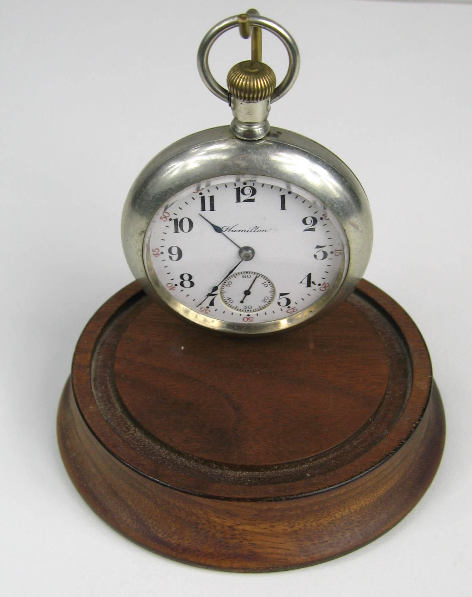 Women's or Men's Antique Open Face Silver Hamilton Pocket Watch with Display For Sale