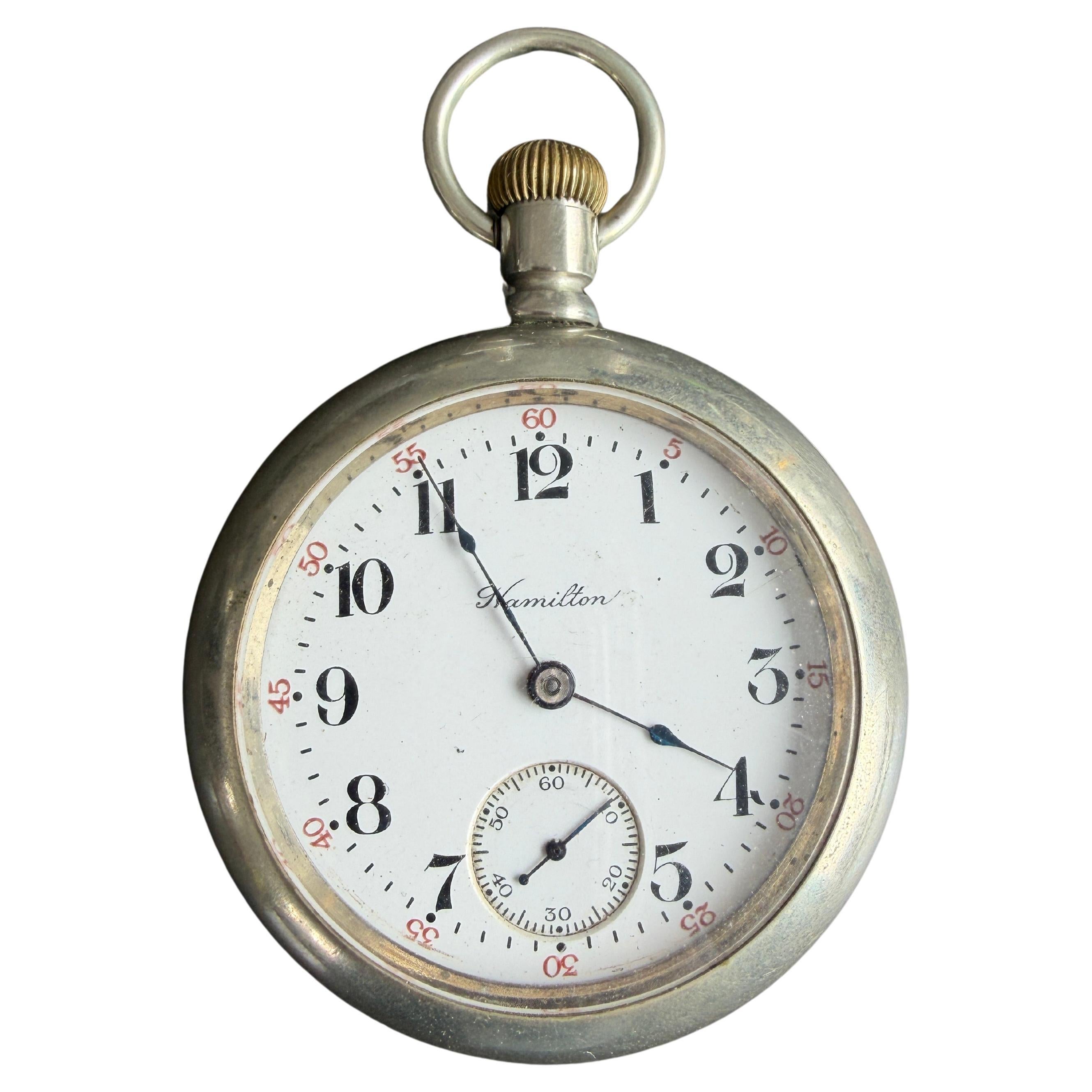 Antique 1911 Silver Hamilton Open Face Pocket Watch with 17 Jewels