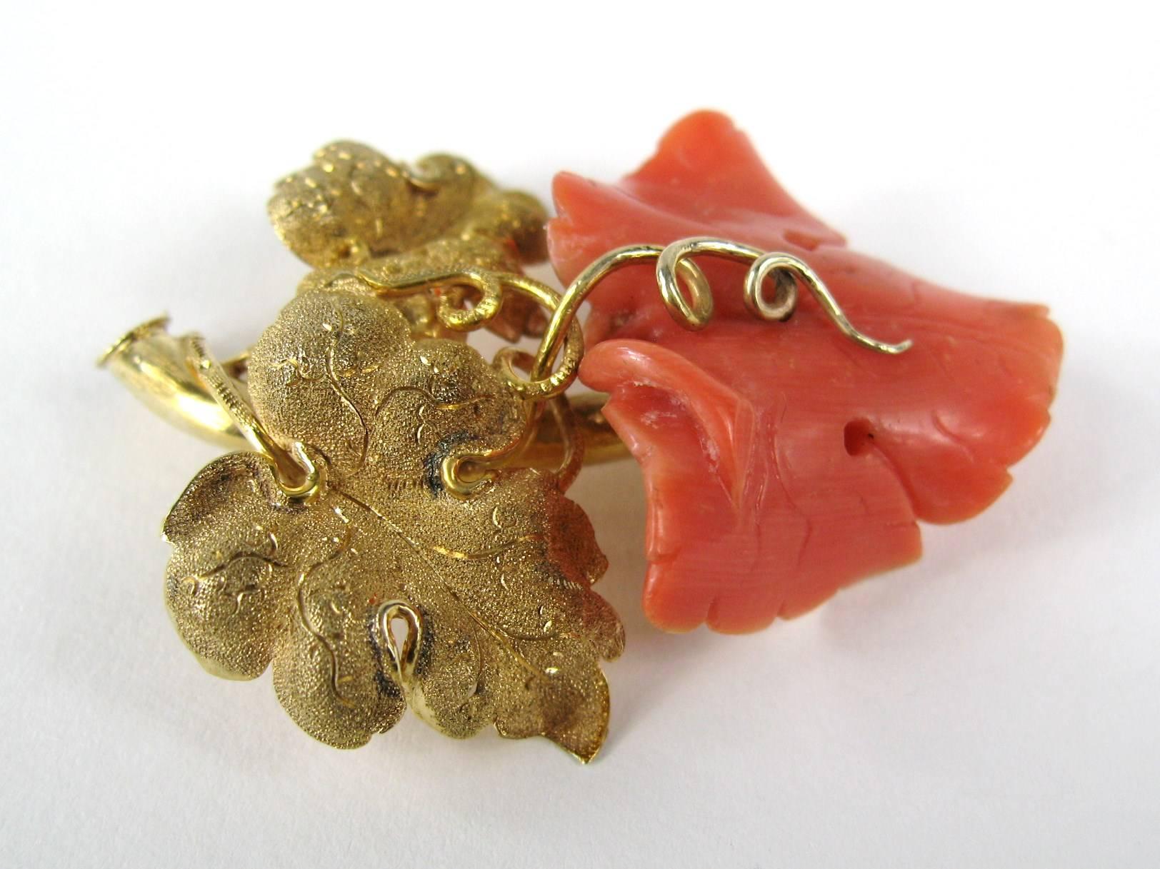 Stunning Early Carved Coral Flower, Can be worn on a variety of chains. Measures 1.88 in x 1.46 in, Set in 14K Gold. Be sure to check our store front for more fabulous pieces from this collection. We have been selling this collection on 1st dibs